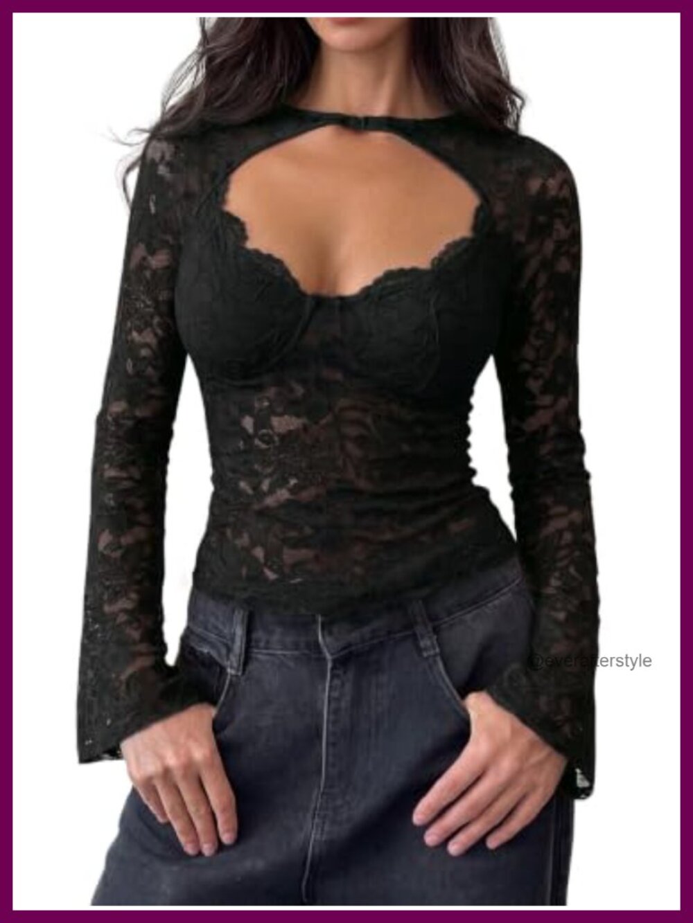 Lace Long Sleeve Mesh Top Bell Sleeve Slim Fit Y2K Going Out Shirt